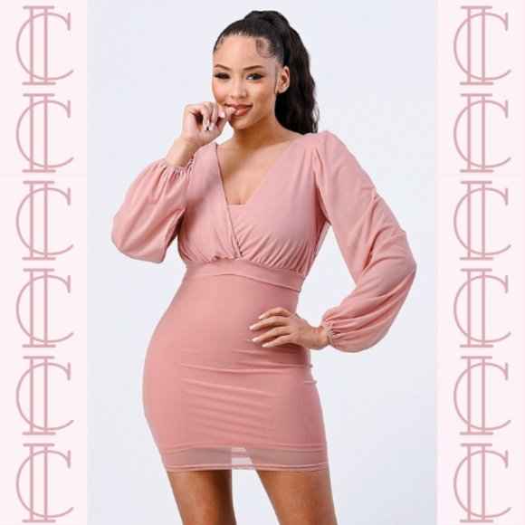 Lux Mesh Layered Lining V Neck Bubble Slv Bodycon Dress (Mauve) - Picture 3 of 6